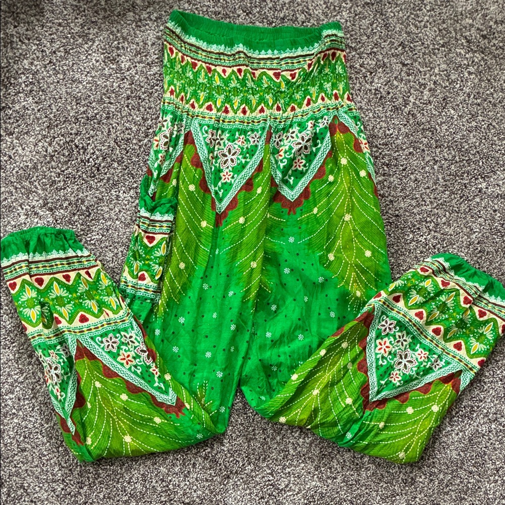 Mardi Gras Pants Vibrant Green Patterned palazzo elastic waist pant